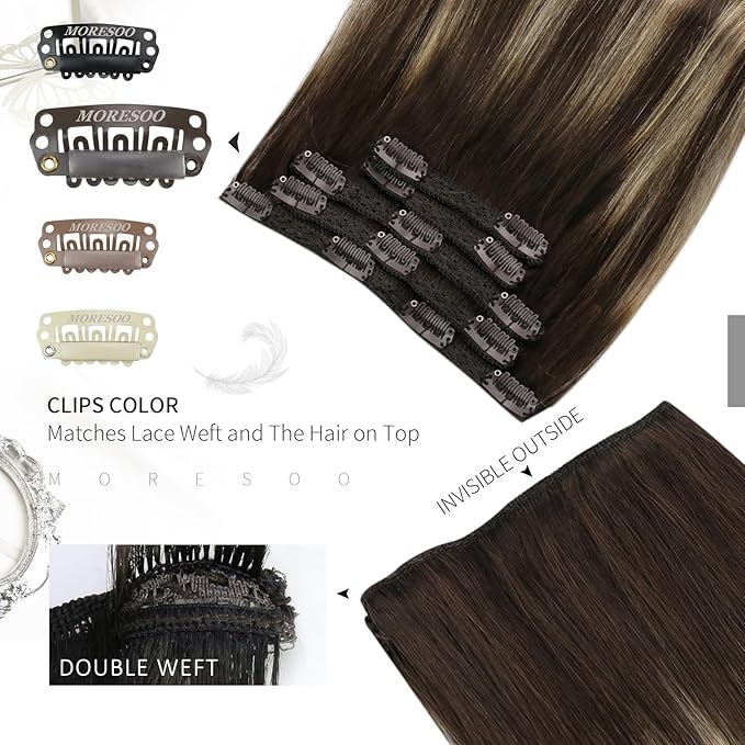 Moresoo Clip in Hair Extensions Real Human Hair Brown Balayage Hair Clip in Extensions Dark Brown to Honey Blonde Ombre Double Weft for Women Short And Straight 80g/5pcs 14in