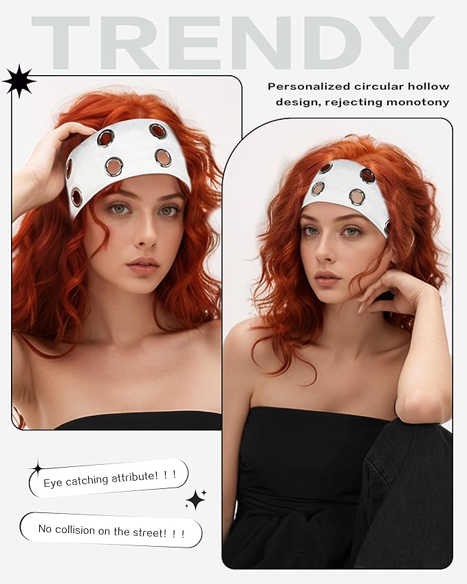 Grommet Headband for Women, White 23cm Hollow Out Elastic Hair Band, Eyelets Punk Grunge Stylish Hairband