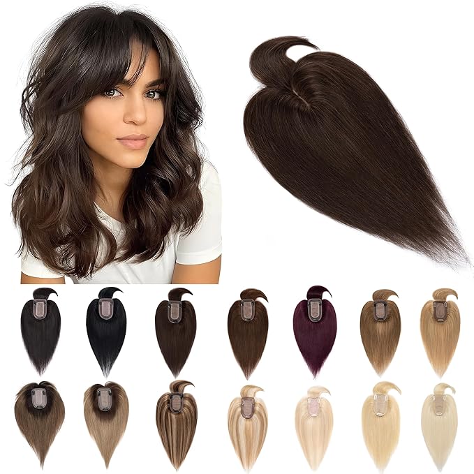 SEGO Hair Toppers for Women Real Human Hair With Bangs, 7 * 13CM Silk Base 100% Remy Human Hair Clip in Top Wiglet Hairpieces Add Volume -8 Inch 2 Dark Brown