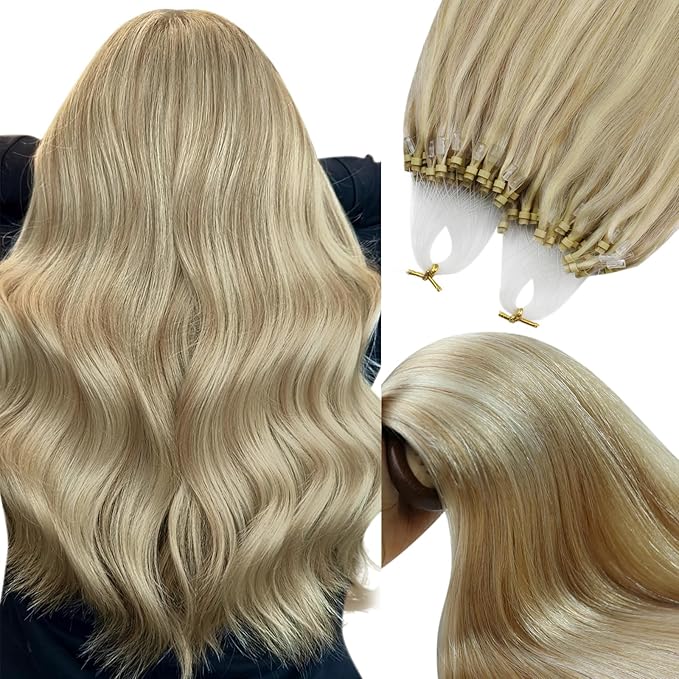 YoungSee Micro Bead Hair Extensions Real Human Hair Blonde Microlink Hair Extensions Highlight Ash Blonde with Medium Blond Beaded Hair Extension 14In Micro Ring Hair Extension 50g 50s Remy Hair