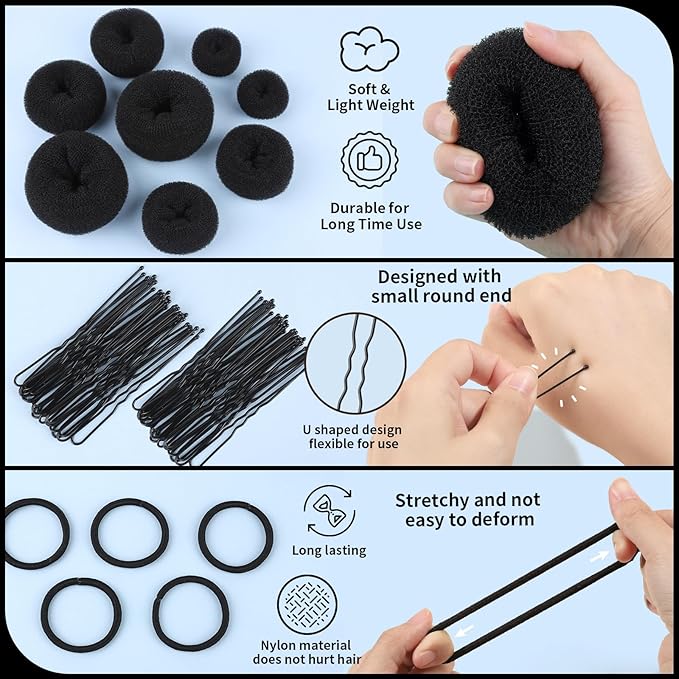 FANDAMEI Hair Bun Maker Set- 8 PCS Hair Donuts for Buns (2 Extra-large,2 Large,2 Medium and 2 Small), 40 PCS Bobby Pins, 5 PCS Hair Elastic Ties Black,Bun Maker - Black
