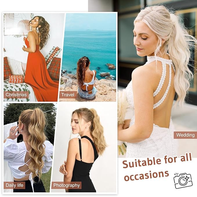 FLUFYMOOZ Wavy Curly Claw Clip Ponytail Extension, 18 Inch Natural Synthetic Hairpiece with Highlights