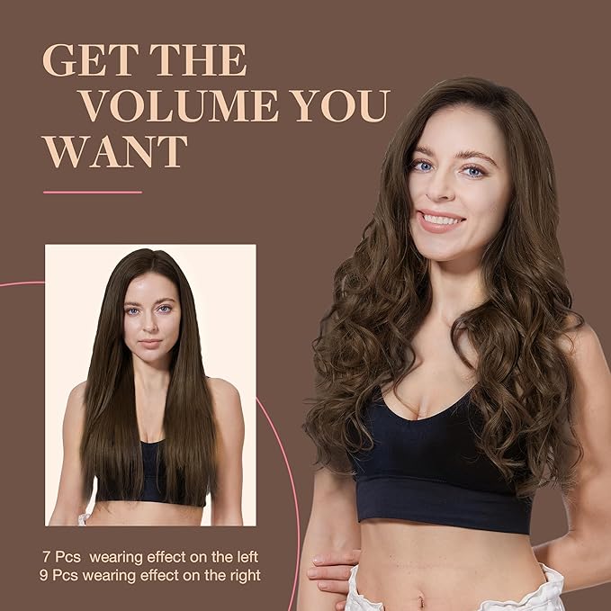 GOO GOO Clip in Hair Extensions Real Human Hair, Remy Human Hair Extensions Clip ins for Women, Natural Human Hair, 14inch 150g 9Pcs, 4A Chocolate Brown