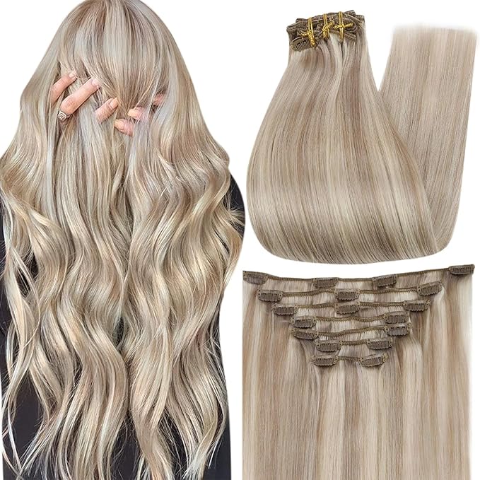 Full Shine Ash Blonde Clip in Hair Extensions 14 Inch Highlights Ash Blonde Hair Extensions for Short Thinning Hair 7 Pcs 120 G