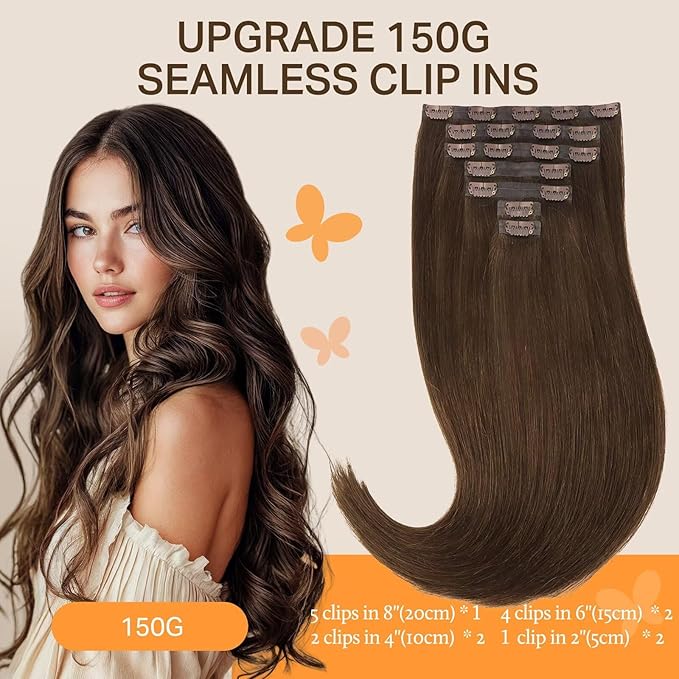 DOORES Seamless Clip in Hair Extensions, Chocolate Brown 150g 7pcs 20 Inch, Clip in Extensions Real Human Hair for Women