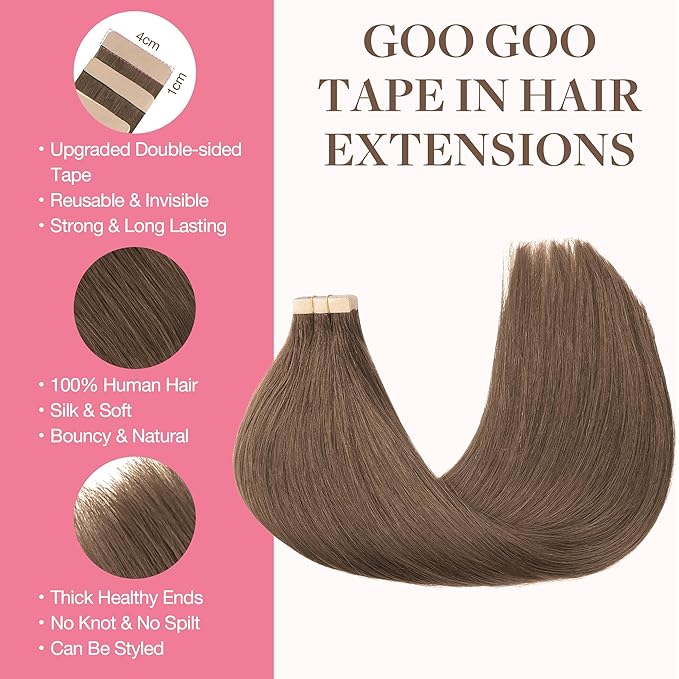 GOO GOO Tape in Hair Extensions Human Hair, 5 Light Ash Brown, 16inch 50g 20pcs, Skin Weft Seamless Invisible, Silky Straight with Thick Ends, Remy Human Hair