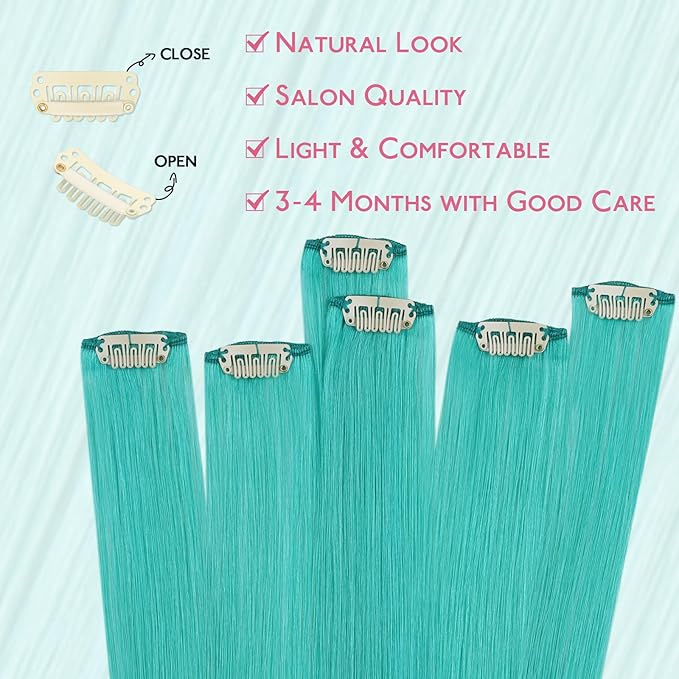 WENNALIFE Teal Green Clip in Hair Extensions Real Human Hair 35g 6pcs 18 Inch Colored Hair Extensions for Kids Women Colorful Hair Pieces Pop-up Style Straight Extensiones De Cabello Humano Con Clip