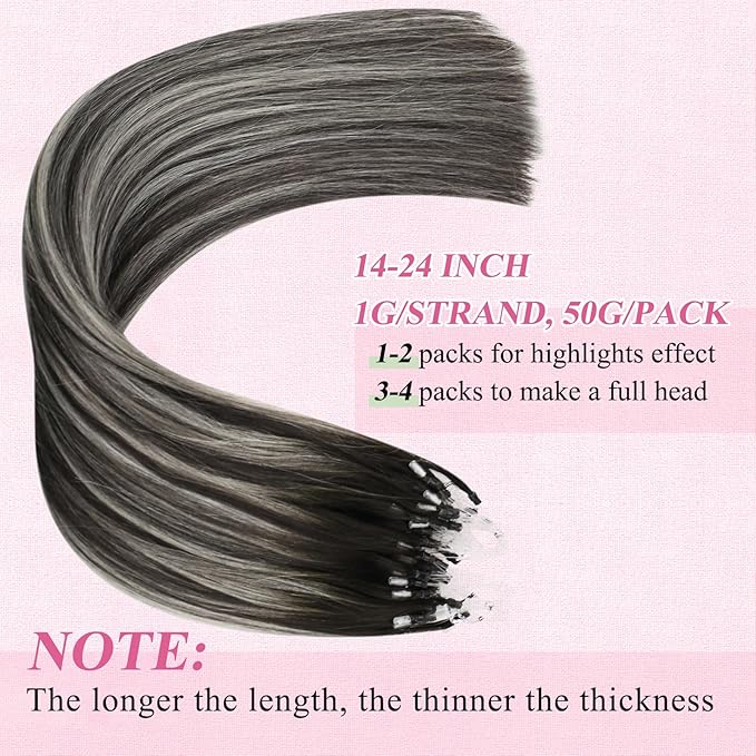 YoungSee Micro Bead Hair Extensions Real Human Hair Ombre Microlink Hair Extensions Human Hair Balayage Black with Silver Micro Loop Hair Extension 14 Inch 50g 50s Microbead Extension for Short Hair
