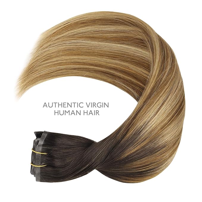 WENNALIFE Seamless Clip In Hair Extensions, 22 Inch 150g 7pcs Dark Brown to Chestnut Brown and Dirty Blonde Hair Extensions Clip in Human Hair Invisible PU Skin Weft Remy Human Hair Extensions