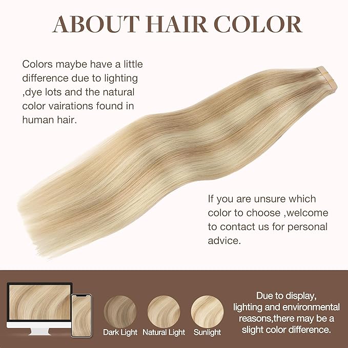 GOO GOO Tape in Hair Extensions Human Hair, 18A/613A Dark Blonde Highlighted Bleach Blonde, 20inch 100g 40pcs, Skin Weft Seamless Invisible, Silky Straight with Thick Ends, Remy Human Hair