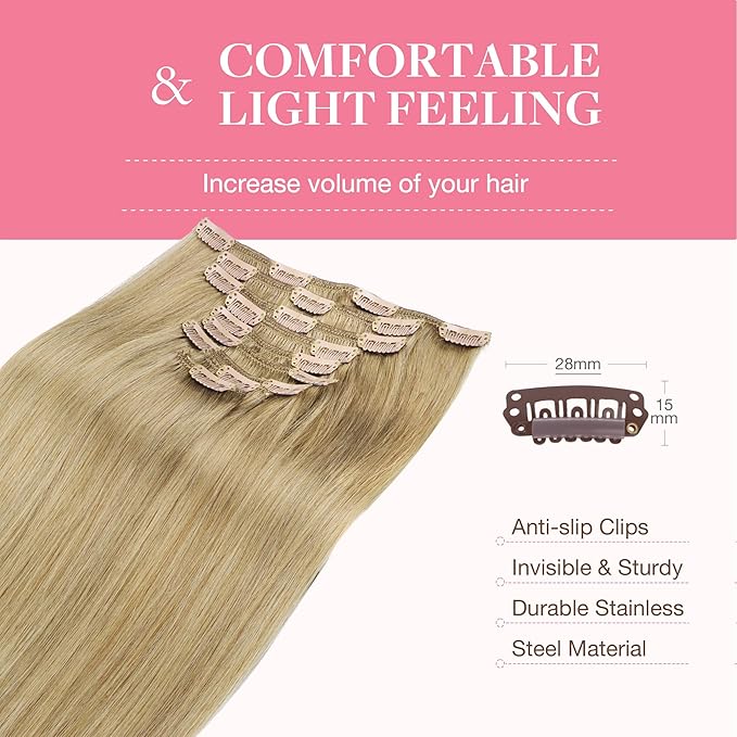GOO GOO Clip in Hair Extensions Real Human Hair, Remy Human Hair Extensions Clip ins for Women, Natural Human Hair, 14inch 150g 9Pcs, 7 Bronde