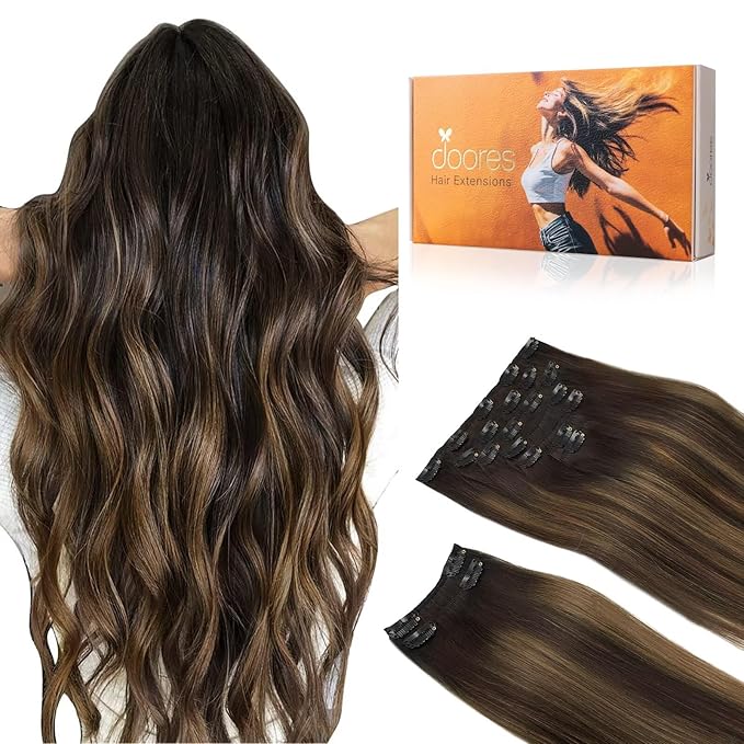 DOORES Clip in Hair Extensions, Balayage Dark Brown to Chestnut Brown 22 Inch 9pcs 150g, Hair Extensions Real Human Hair Clip ins Extensions Human Hair Natural Extensions for Women Clip in Straight