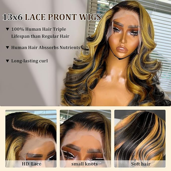 13x6 Ombre Lace Front Wig Human Hair Pre Plucked 200% Density HD Transparent Frontal Human Hair Wigs for Women Bleached Knots with 1b/27 Color Baby Hair 22inch