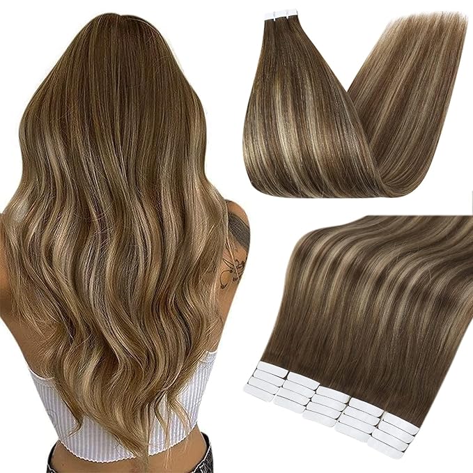 Full Shine Tape in Hair Extensions 24 Inch Color 4 Brown Fading to 24 Honey Blonde and 4 Brown Invisible Double Sided Remy Hair Extensions Tape in 100g Straight Seamless Skin Weft 40PCS Add Length