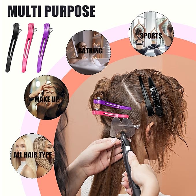 10 pcs Professional Hair Clips for Styling Sectioning - Sectioning Hair Clips for Styling, No-Crease Silicone Band& Anti-Slip Grip, Cutting Clips for Blowouts, Curling, Coloring （Black+Rose Red）