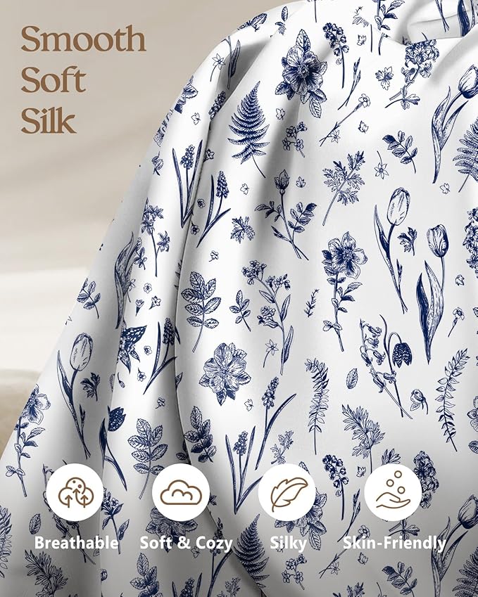 2 Pack Mulberry Silk Pillowcase for Hair and Skin - King Size 20 x 36 Inches with Hidden Zipper Blue Line Flower 19 Momme Soft Sleeping Silk Pillow Case for Women, Moms