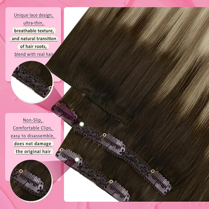 YoungSee 150G Clip in Human Hair Extensions Balayage Walnut Brown Ombre Light Brown with Blonde Long Human Hair Clip in Extensions Balayage Clip in Hair Extensions Straight Hair 24inch 7pcs