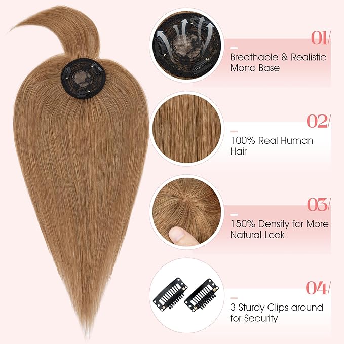 Hairro Mono Hair Toppers with Bangs, 3.4" x 3.4" Mono Base 100% Real Human Hairpieces for Women, 150% Density Clips In Topper for Greyish Thinning Hair, 12 Inch Blondish Brown