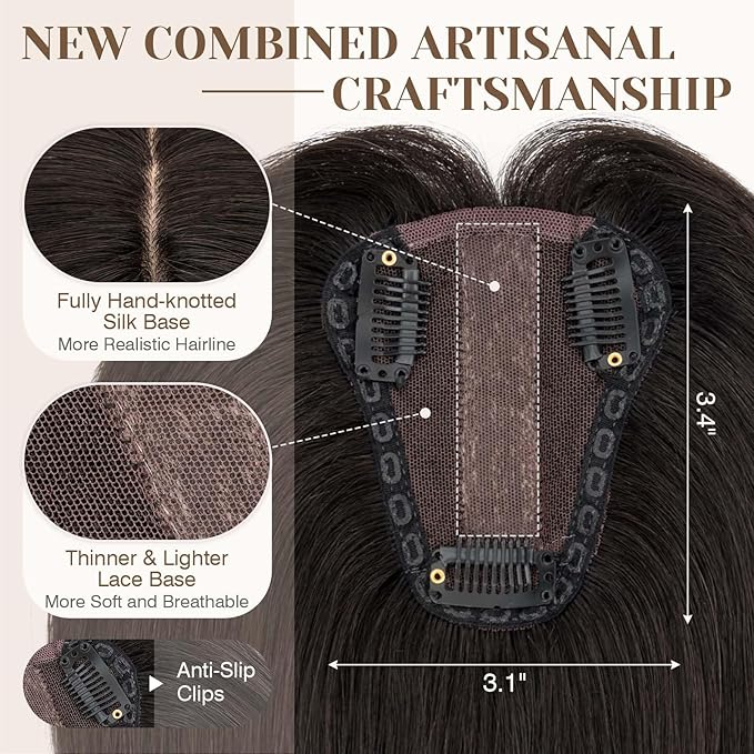 S-noilite Hair Toppers for Women Real Human Hair 3D 360° Cover Clip in 100% Real Human Hair Toppers 3″*4″ Clip in Silk Base 12 inch Natural Black