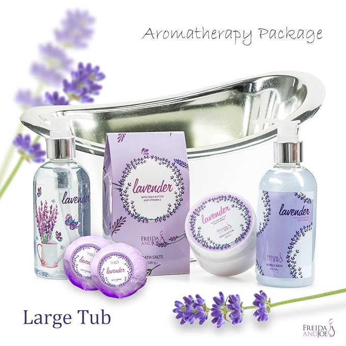 Aromatherapy Essentials Spa Set for Women in Large Silver Tub Bath Set Includes 2 Bath Bombs, Body Lotion, Bath Salts, Shower Gel, and Bubble Bath (Lavender)
