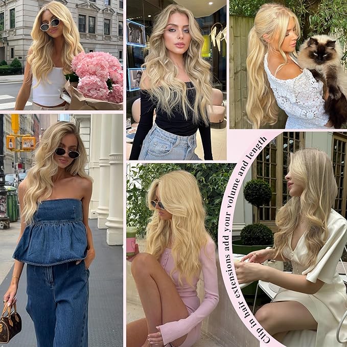Clip in Hair Extensions for Women, 8PCS 16 Inch Wavy Honey Blonde Mix Beach Blonde Hair Extensions Clip Ins, Synthetic Hairpieces for Women