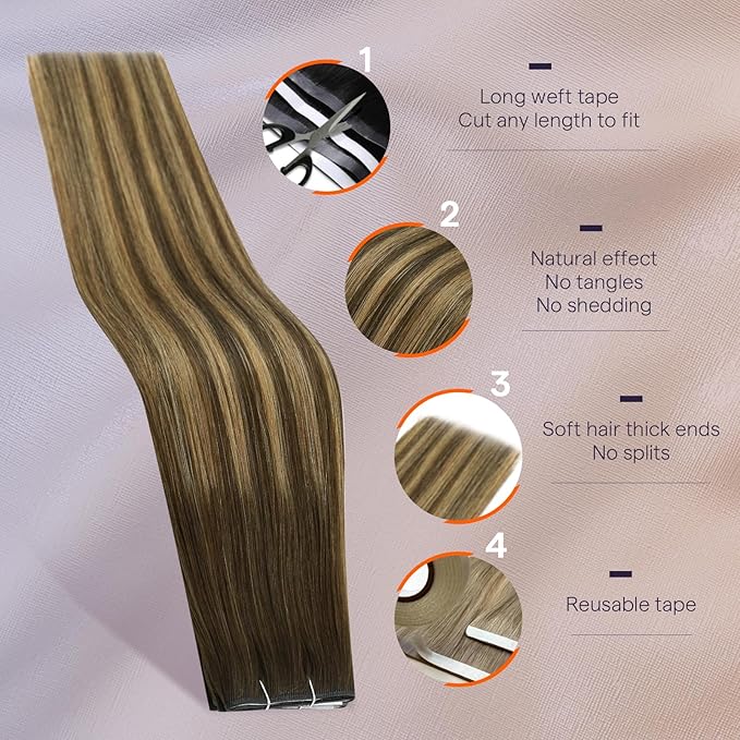 Full Shine Balayage Tape in Hair Extensions Color 4/24/4 Brown And Blonde Tape in Weft Hair Extensions Human Hair 18Inch Long Tape Double Weft 50G for Daily Office Look Natural One Piece