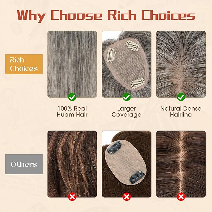 Rich Choices Human Hair Toppers for Women-100% Real Remy Hair Topper No Bang-Upgraded 150% Density 9 * 12CM Lace Base-Clip in Hairs Topper for Thinning Hairs-10Inch #G2 Grey