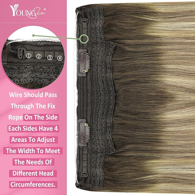YoungSee 100G Wire Hair Extensions Real Human Hair Brown Balayage Wire Human Hair Extensions Walnut to Light Brown with Blonde Fish Line Hair Extension for Women 20inch