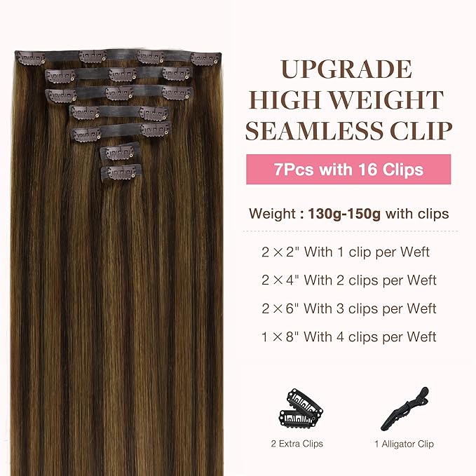 GOO GOO Clip in Hair Extensions Real Human Hair, Remy Human Hair Extensions Clip ins for Women, Natural Human Hair, 18inch 130g 7Pcs, 2C/4E/6C Brown Sugar Swirl Highlights