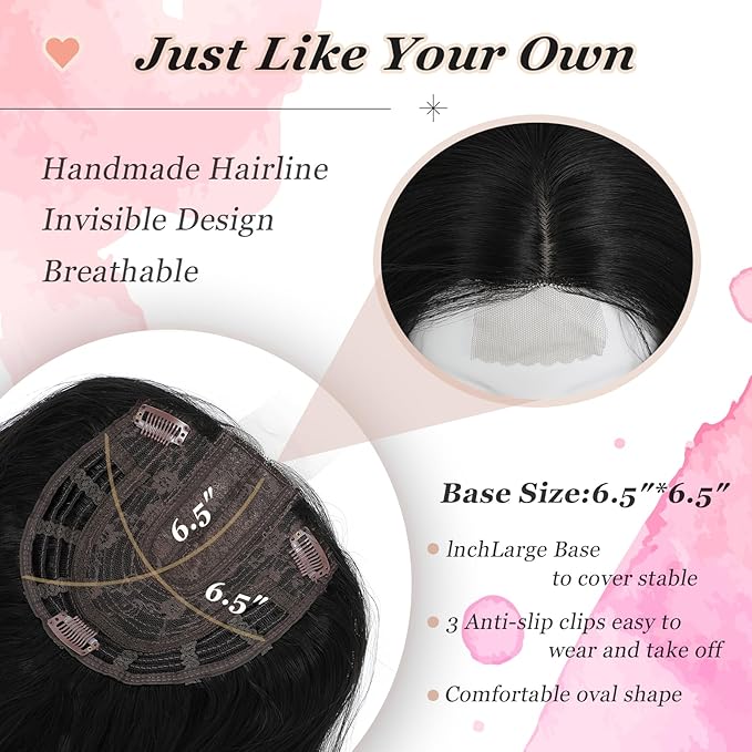 Hair Topper, 360° 3D Hair Toppers for Women with Thinning Crown, 20 Inch Long Wavy Curly Hair Pieces Clip in Bangs (Black, 20 inch, Side Bangs)