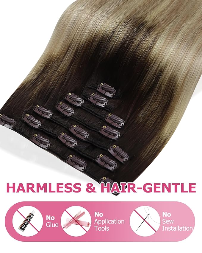 YoungSee 150G Clip in Hair Extensions Ombre Blonde Clip in Human Hair Extensions Balayage Medium Brown Mix Golden Blonde with Platinum Blonde Straight Human Hair Clip in Extensions for Women 22Inch