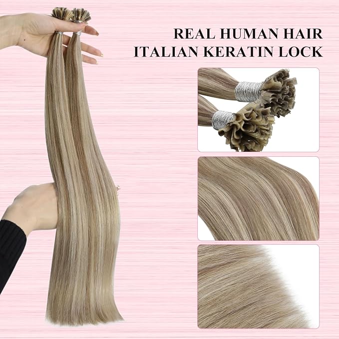 YoungSee U Tip Hair Extensions Human Hair Highlight Light Brown and Blonde Utip Human Hair Extension for Thin Hair Pre Bonded U Tip Remy Hair Extension Hot Fusion K Tip Hair Extensions Soft 50s/50g
