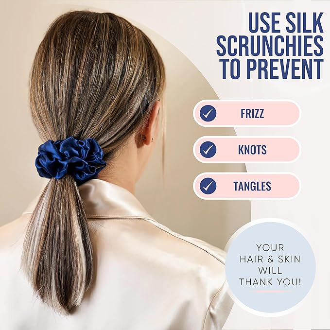 Blissy Silk Scrunchies (3 Pack) - 100% Pure Mulberry Silk - 22 Momme 6A High-Grade Fibers Scrunchie for Straight & Curly Hair - Preventing Breakage, Tangling, & Creasing (Blue Regular)