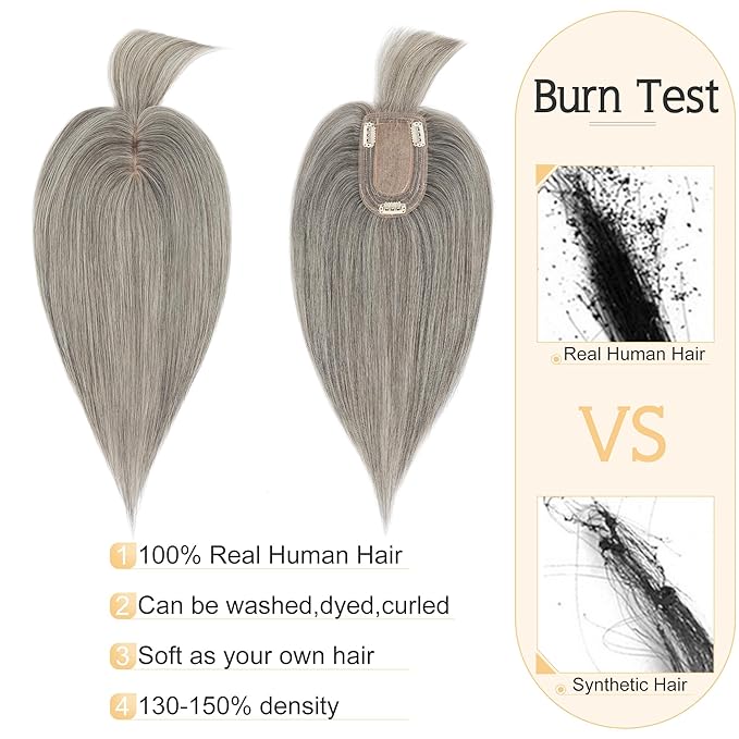 SEGO Grey Hair Toppers for Women Real Human Hair With Bangs, Salt and Pepper Hair Topper, 7 * 13 CM Silk Base Clip In Top Pieces Add Volume -12 Inch G3 Light Grey Mix