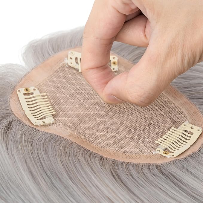 Hairro Human Hair Toppers Free Parted, 3.5x4.7" Base Hand-wovened 100% Real Hairpieces, with Invisible Clips-in for Women, for High Hairline/Adding Volume on Top, 10 Inch Grey