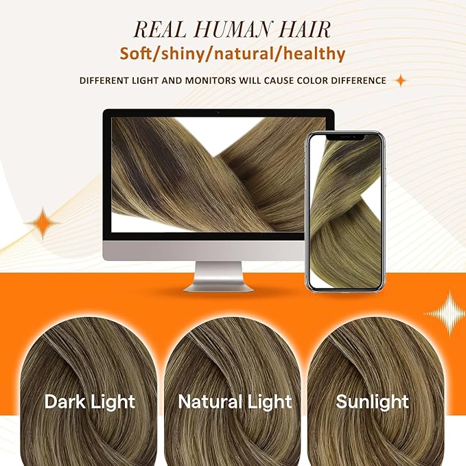 Full Shine Human Hair Clip in Extensions 12 Inch Clip in Hair Extensions Balayage Dark Brown Ombre to Light Brown with Blonde Remy Hair for Style 8 PCS 95 G