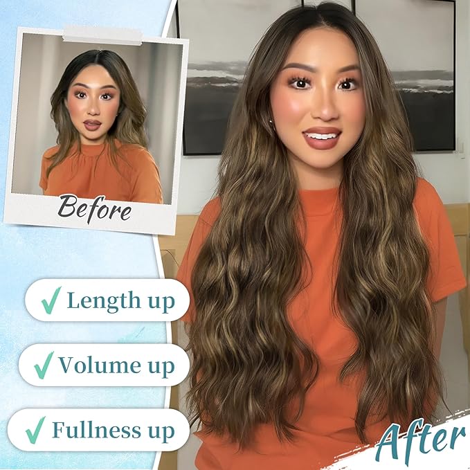 KooKaStyle Clip in Synthetic Highlight Hair Extensions Long Wavy 4PCS Thick Hairpieces Balayage Chocolate Brown to Caramel Blonde Fiber Double Weft Natural Hair Extensions 20 Inch for Women