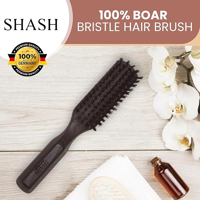 SHASH 100% First Cut Boar Bristle Hair Brush, Suitable For Thin To Normal Hair - Naturally Conditions Hair, Improves Texture, Exfoliates, Stimulates, Made in Germany (Black, Small)