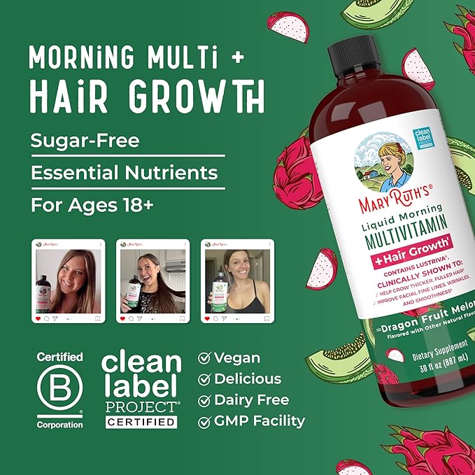 MaryRuth's Liquid Multivitamin+Hair Growth | Clinically Tested for Thicker Hair & Facial Wrinkles in Women | Biotin 10000mcg | Lustriva Hair Growth Supplement | Skin Care | Age 18+ | 30 Fl Oz