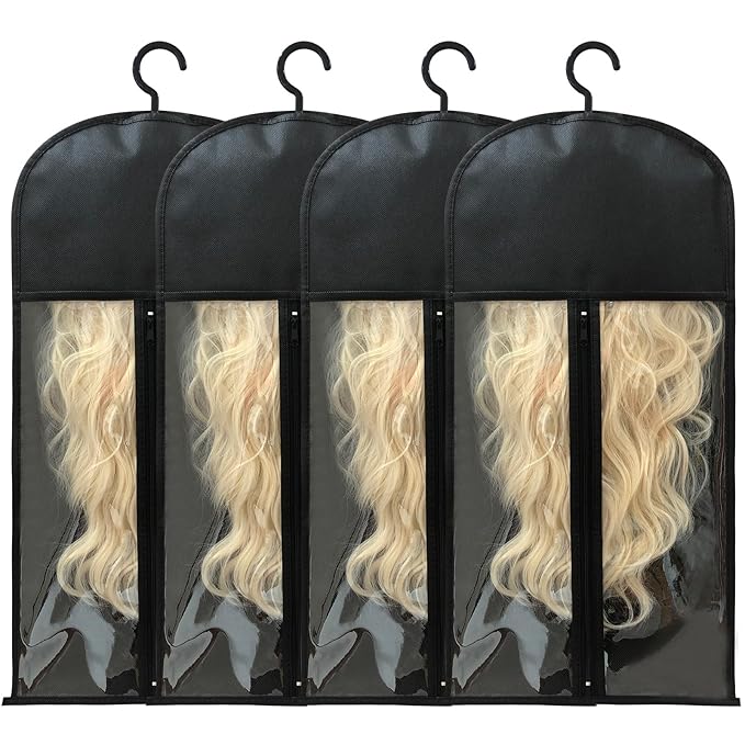 Jonley 4Pcs Wig Storage Wig Bags Storage with Hanger, Wig Storage Bag with Hair Extensions Wigs and Accessories, Breathable and Easy to Carry Home Hair Salon Travel Available (Black 23.5in)