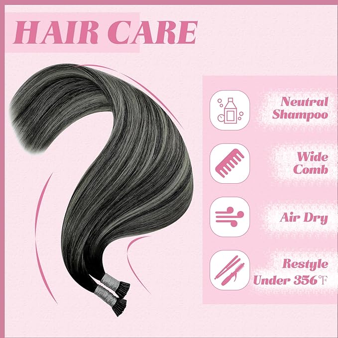 YoungSee I Tips Hair Extensions Ombre I Tip Hair Extensions Balayage Black with Silver Human Hair Extensions I Tip Balayage 20 Inch Itips Hair Extension Human Hair Silky Straight 50s 50g