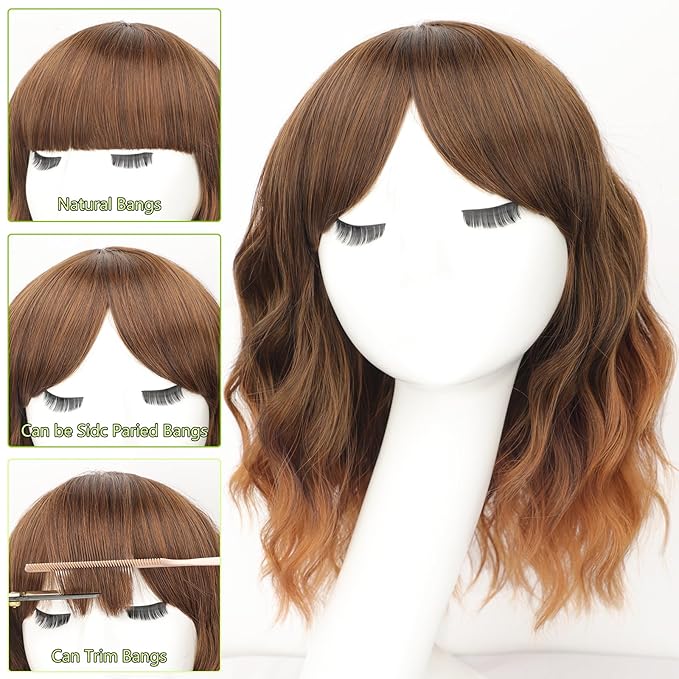 AISI HAIR Synthetic Wavy Curly Bob Wig with Bangs Ombre Brown to Auburn Brown Wig Short Hair for Women Synthetic Heat Resistant Bob Wigs