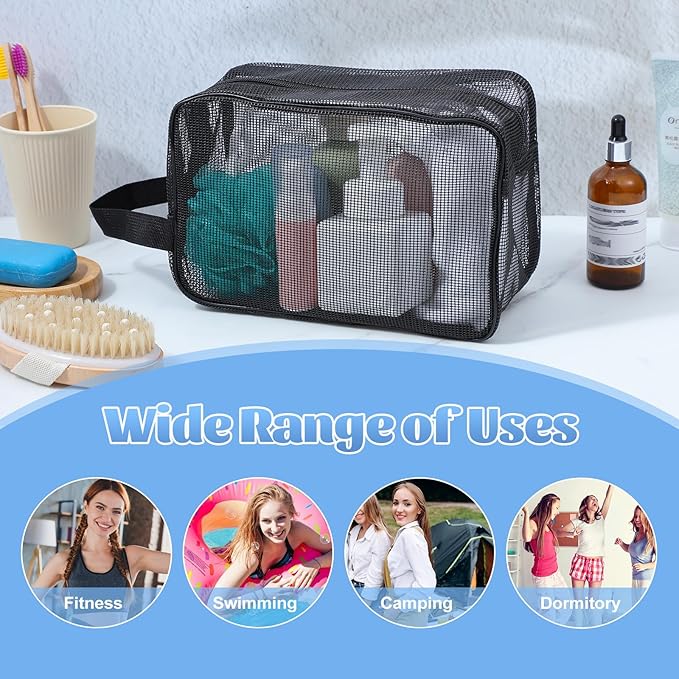 Bremorou 1 Pcs Small Mesh Shower Bag Black Gym Toiletry Bags Portable Rectangle Bathroom Travel Organizer Quick-Dry Shower Meshes Bag Women Men Bathroom Camping Travel Dorm College Gifts 25×11 ×16 cm