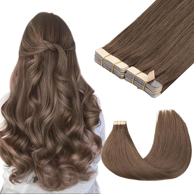 GOO GOO Tape in Hair Extensions Human Hair, 5 Light Ash Brown, 24inch 100g 40pcs, Skin Weft Seamless Invisible, Silky Straight with Thick Ends, Remy Human Hair