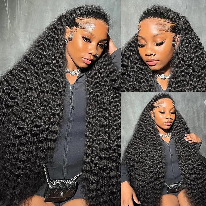 Aomllute 34 Inch Lace Front Wig Human Hair Pre Plucked 200 Density 13x4 HD Deep Wave Lace Frontal Wigs Human Hair with Baby Hair Curly lace front Wigs for Women Natural Black