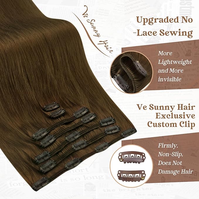 Ve Sunny Clip in Hair Extensions Cool Ash Brown Remy Human Hair Clip in Extensions Full Head Straight Real Hair Extensions For Women 7pcs 120g 18 inch