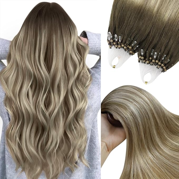 YoungSee Micro Bead Hair Extensions Real Human Hair Balayage Microlink Hair Extensions Dark Brown Ombre Blonde with Brown Bead Hair Extension Human Hair Silky Straight for School 18 Inch 1g/s 50g