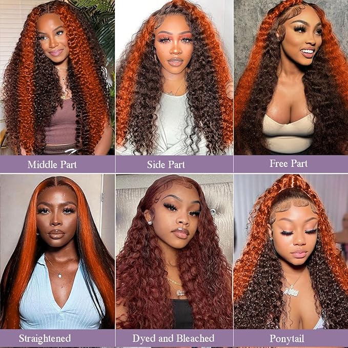 250 density Deep Wave Lace Front Wigs Human Hair Pre Plucked Hairline Glueless Wigs Human Hair for Women 13x6 HD Lace Front Wigs Ginger Orange Curly Human Hair Wig Brazilian 24 Inch