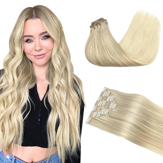 GOO GOO Clip in Hair Extensions Real Human Hair, Remy Human Hair Extensions Clip ins for Women, Natural Human Hair, 16inch 130g 7Pcs, 17/22/60 Balayage Ash Blonde to Platinum Blonde