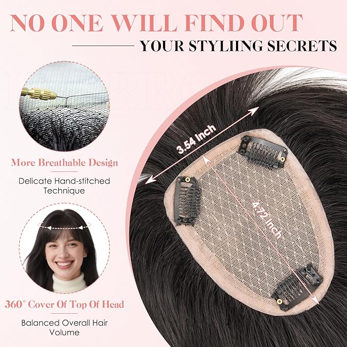 Hairro Human Hair Toppers with Wispy Bangs, 3.5x4.7" Hand-wovened Base for Women with Thinning Hair, Lightweight & Breathable Realistic Scalp, Clip-in Hairpieces for Easy Wear, 10 Inch Natural Black
